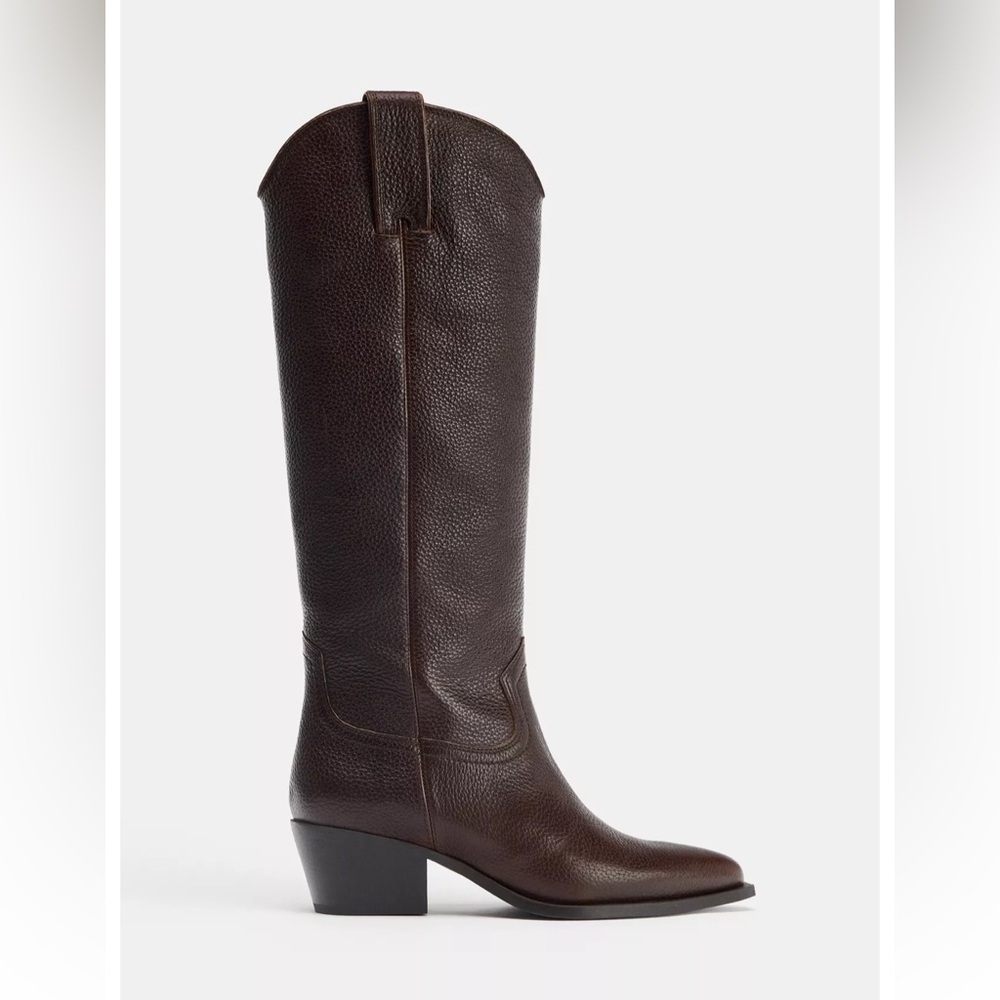 ZARA Leather Tall Pull-on Cowboy Boots. Size 10. New - Picture 5 of 16